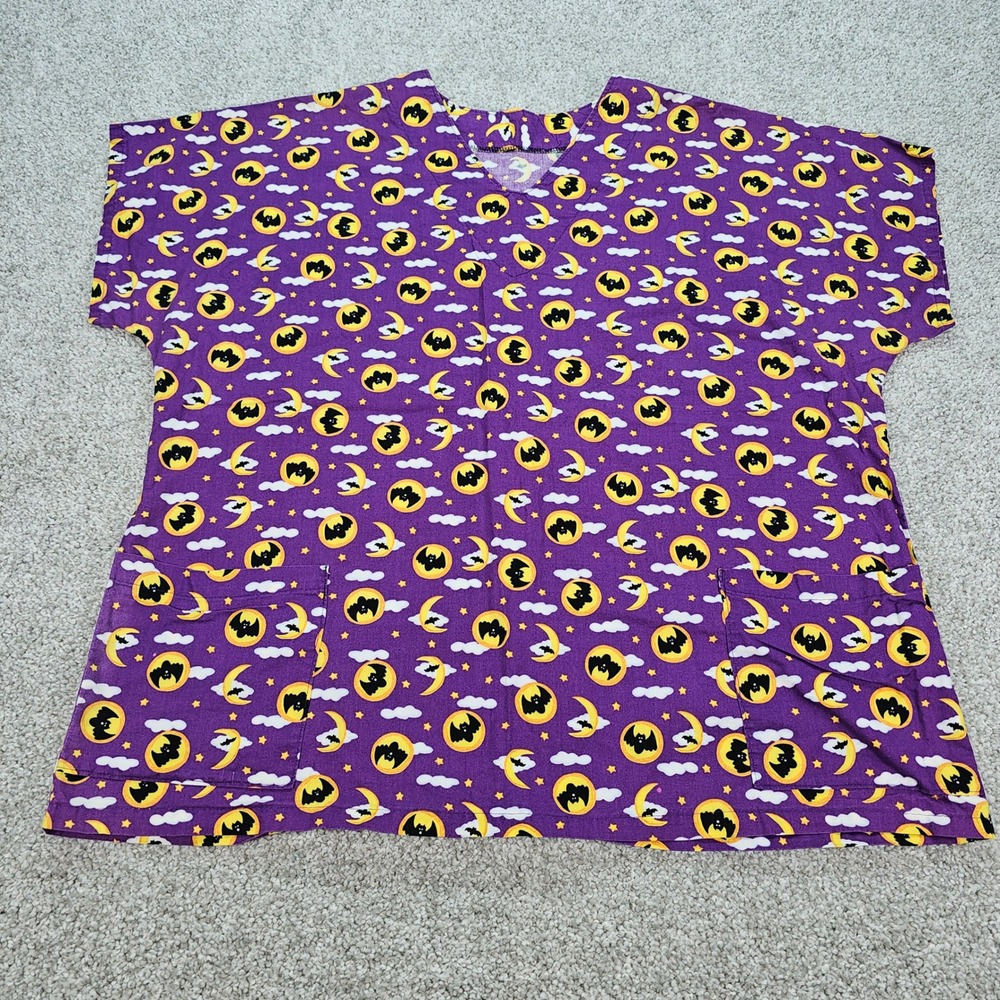 Halloween Scrub Top Purple Bats Moons Stars Short Sleeve XL FAST SHIPPING